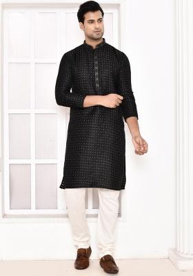 Black Polka Dot Cotton Blend Kurta For Men
