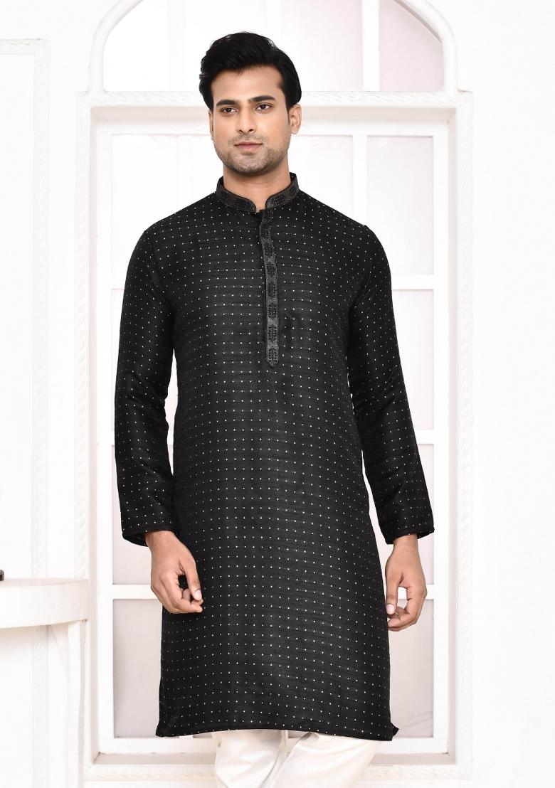 Black Polka Dot Cotton Blend Kurta For Men - Indya