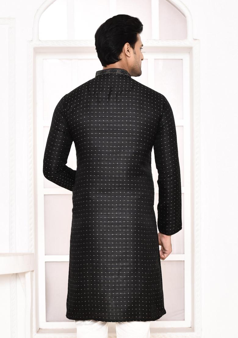 Black Polka Dot Cotton Blend Kurta For Men