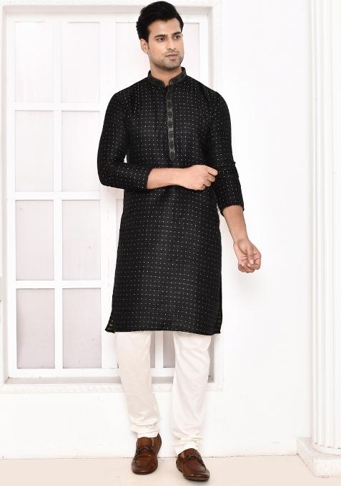 Black Polka Dot Cotton Blend Kurta For Men