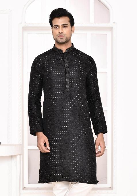 Black Polka Dot Cotton Blend Kurta For Men