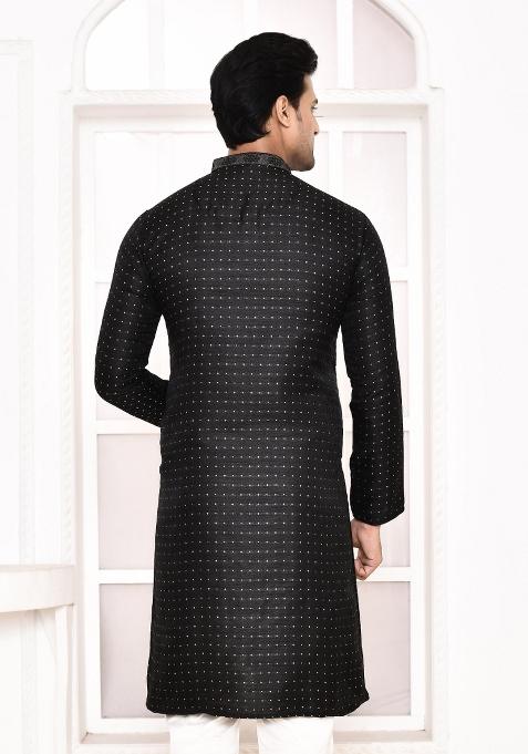 Black Polka Dot Cotton Blend Kurta For Men