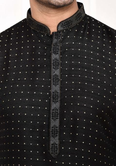Black Polka Dot Cotton Blend Kurta For Men