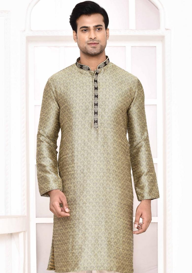 Gold Polka Dot Cotton Blend Kurta For Men - Indya