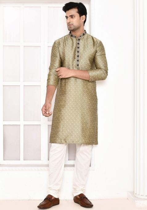 Gold Polka Dot Cotton Blend Kurta For Men