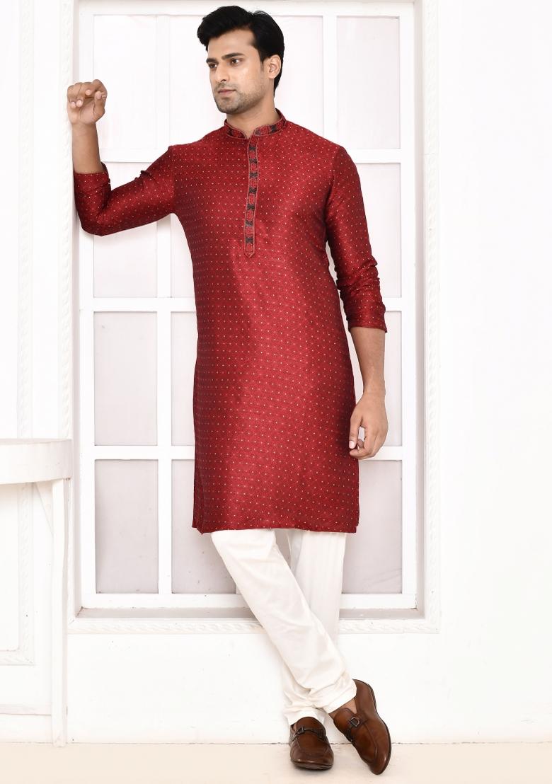 Maroon Polka Dot Cotton Blend Kurta For Men