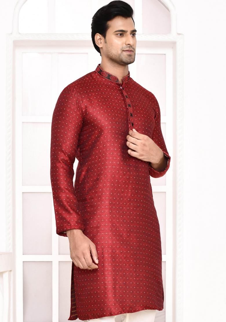 Maroon Polka Dot Cotton Blend Kurta For Men