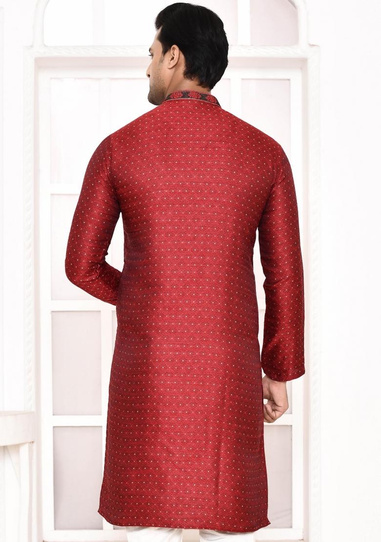 Maroon Polka Dot Cotton Blend Kurta For Men