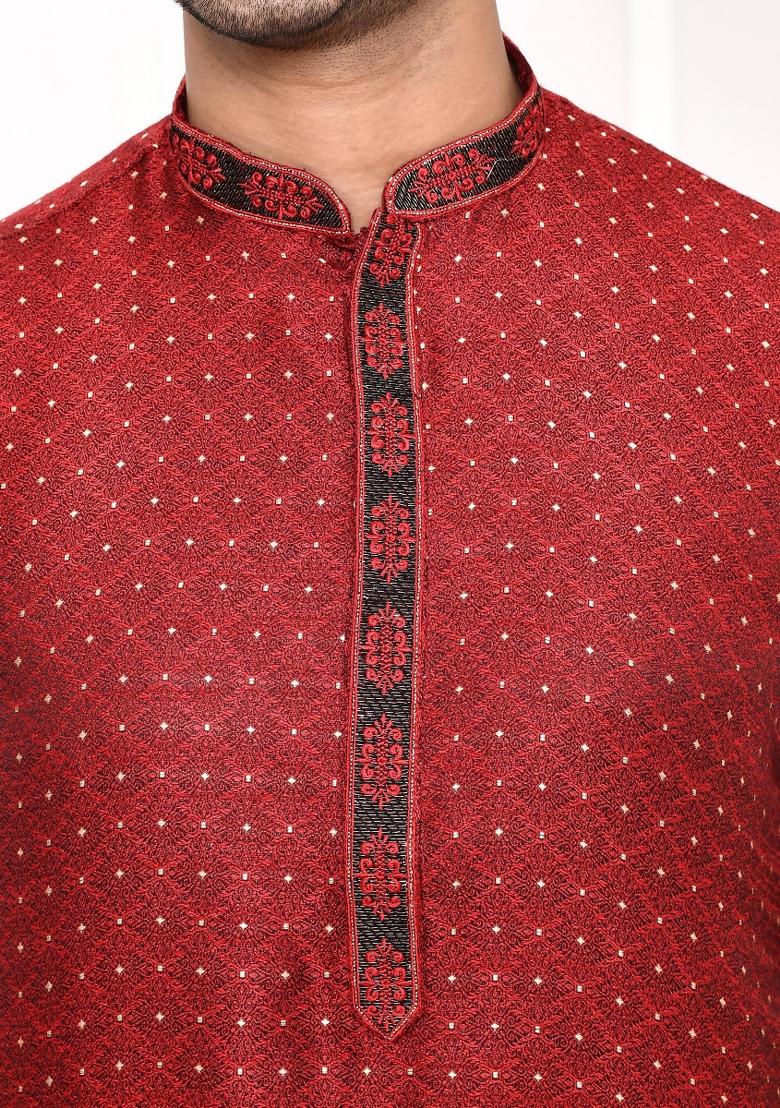 Maroon Polka Dot Cotton Blend Kurta For Men