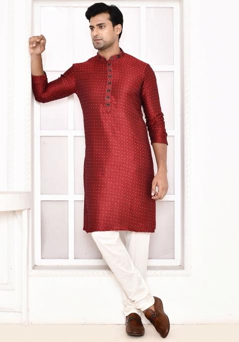 Maroon Polka Dot Cotton Blend Kurta For Men