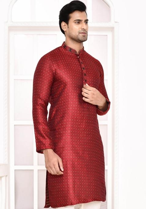 Maroon Polka Dot Cotton Blend Kurta For Men