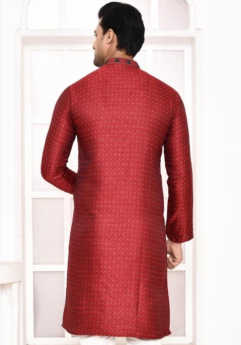 Maroon Polka Dot Cotton Blend Kurta For Men