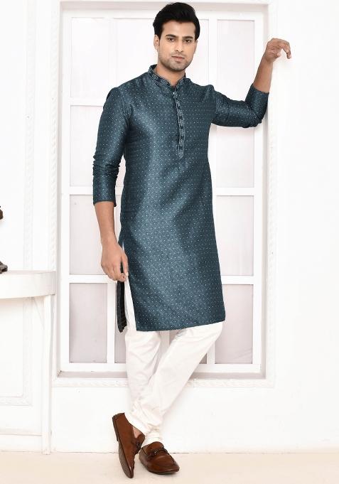 Torquoise Blue Polka Dot Cotton Blend Kurta For Men