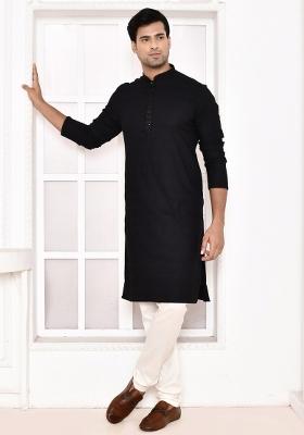 Black Striped Cotton Kurta For Men
