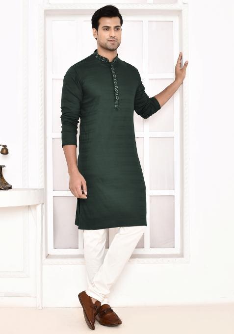 Green Striped Cotton Kurta For Men