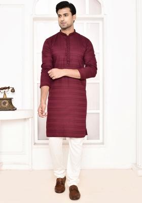 Maroon Striped Cotton Kurta For Men