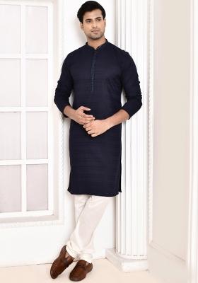 Navy Blue Striped Cotton Kurta For Men