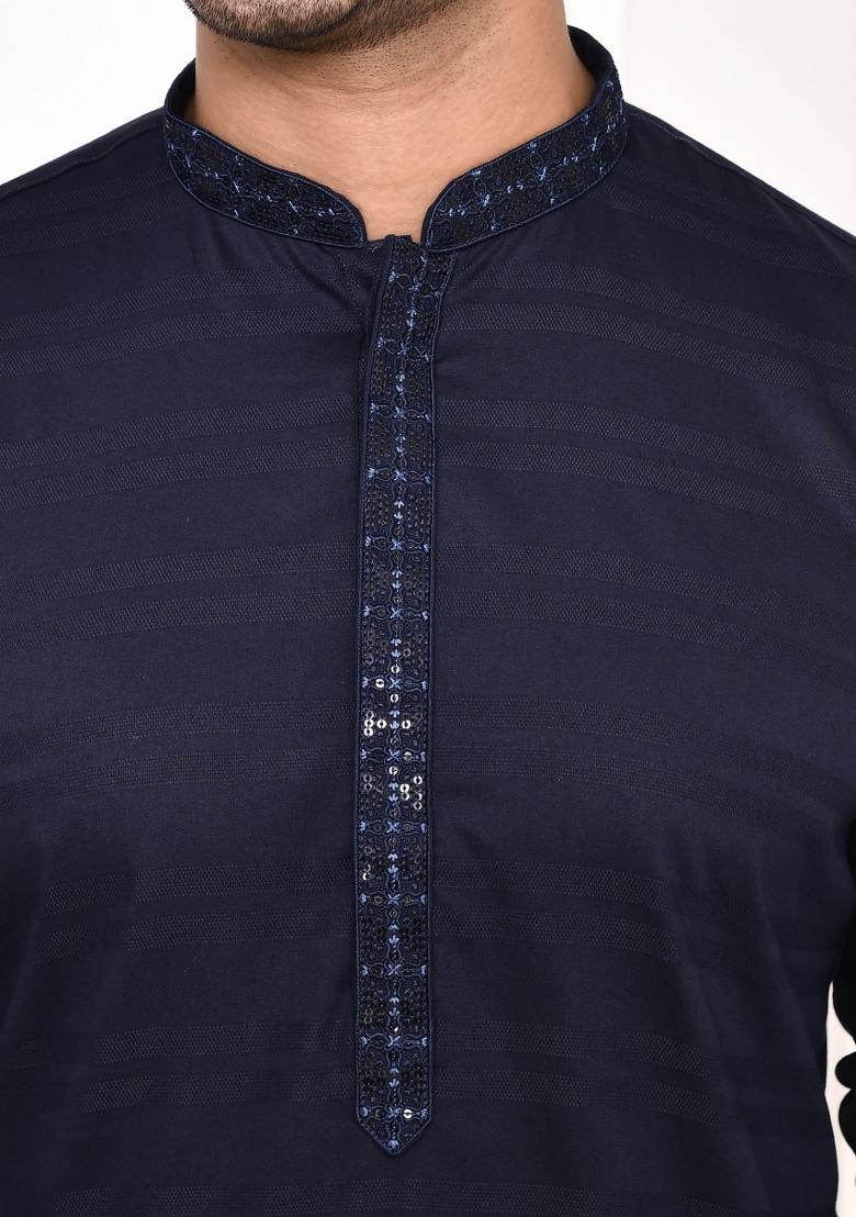 Navy Blue Striped Cotton Kurta For Men - Indya