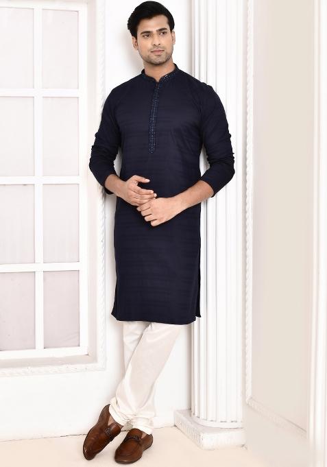 Navy Blue Striped Cotton Kurta For Men