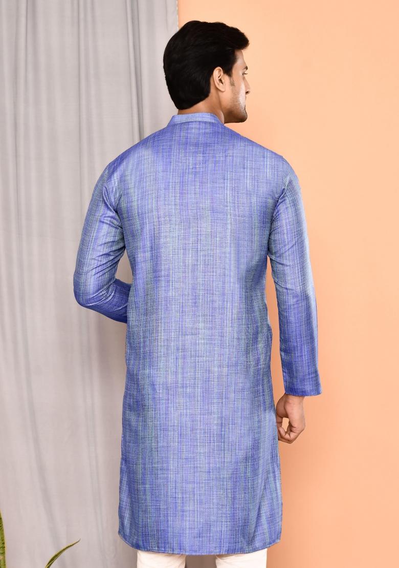 Blue Textured Cotton Kurta For Men