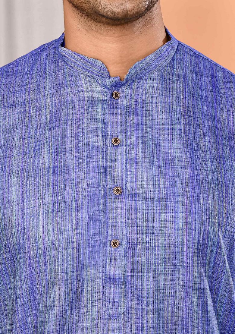 Blue Textured Cotton Kurta For Men