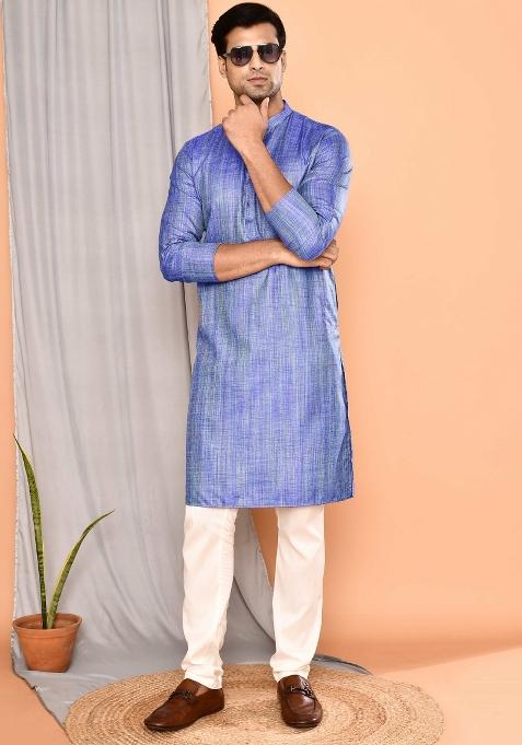 Blue Textured Cotton Kurta For Men