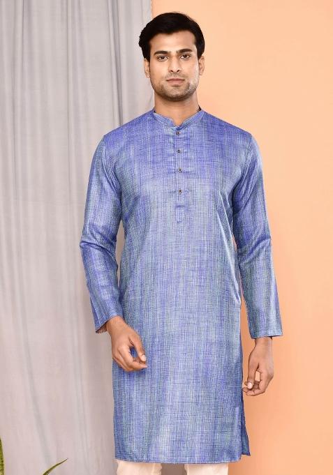 Blue Textured Cotton Kurta For Men