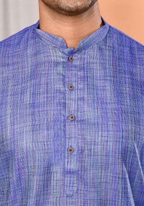 Blue Textured Cotton Kurta For Men