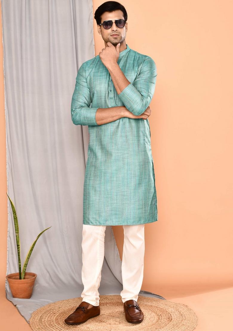 Sea Green Textured Cotton Kurta For Men