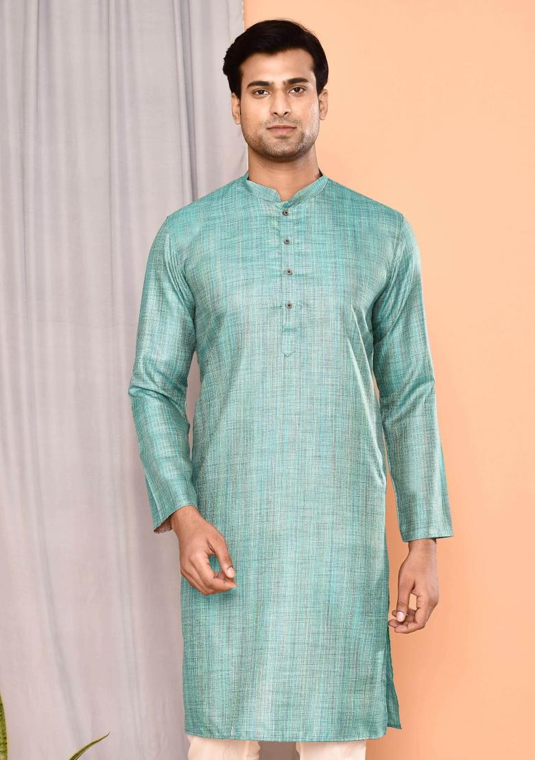 Sea Green Textured Cotton Kurta For Men