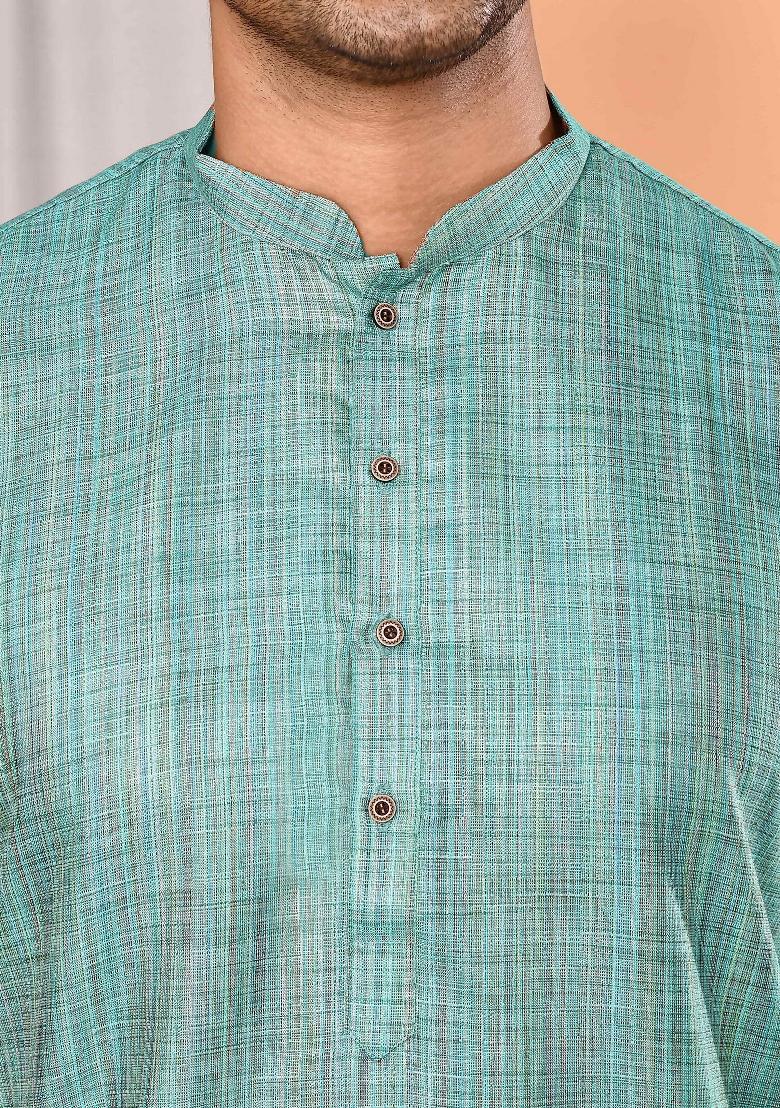 Sea Green Textured Cotton Kurta For Men