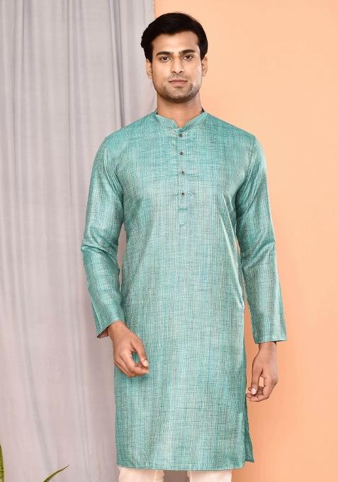 Sea Green Textured Cotton Kurta For Men