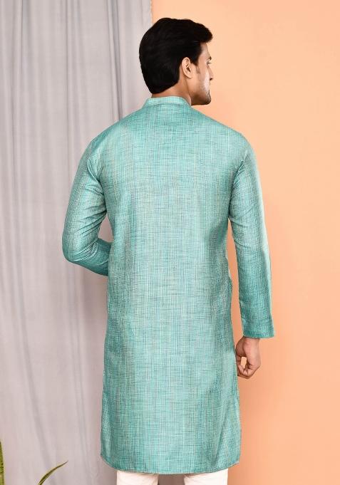 Sea Green Textured Cotton Kurta For Men