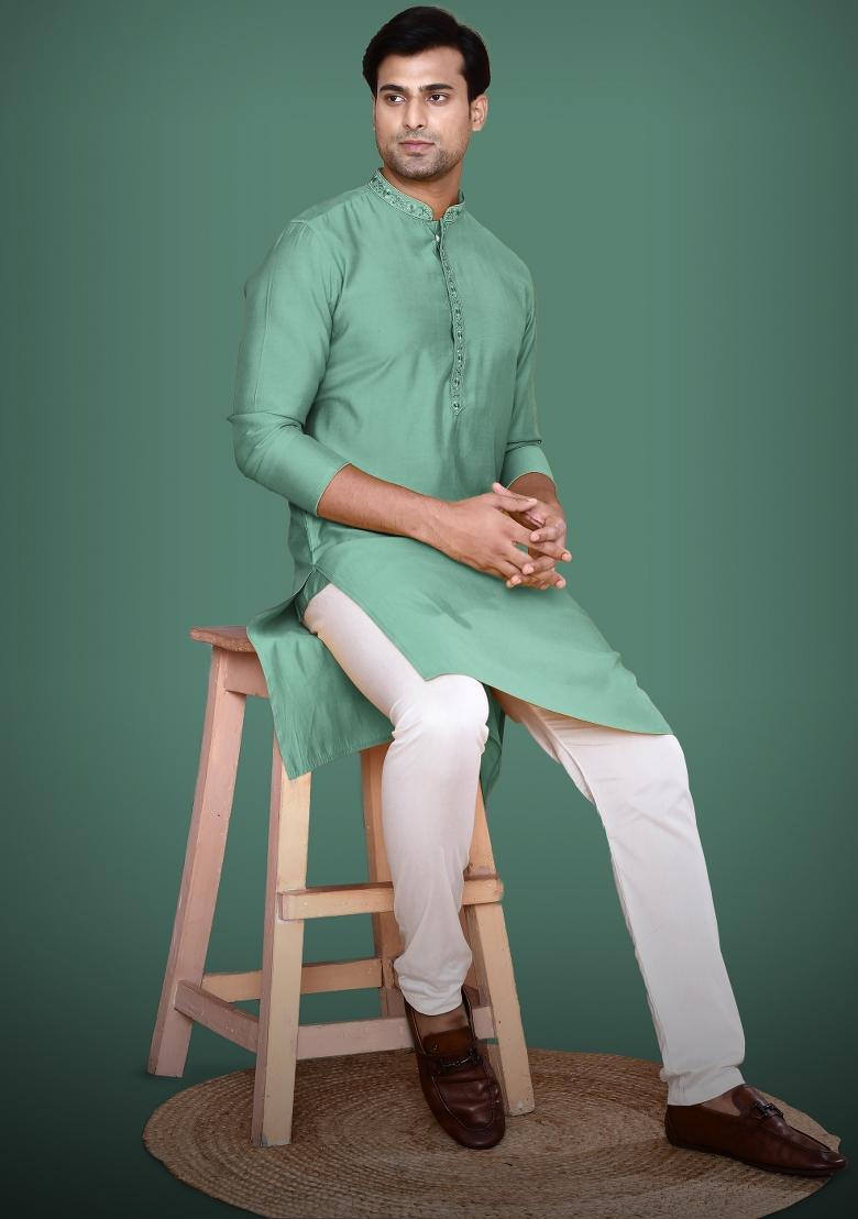 Green Embroidered Cotton Blend Kurta For Men