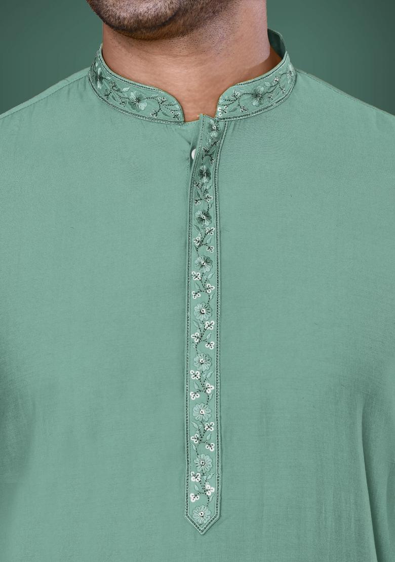 Green Embroidered Cotton Blend Kurta For Men