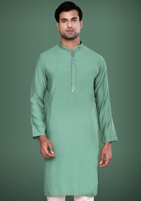 Green Embroidered Cotton Blend Kurta For Men