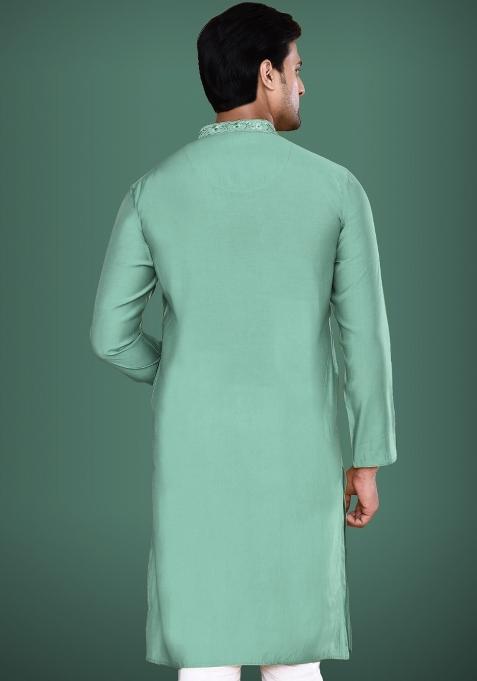 Green Embroidered Cotton Blend Kurta For Men