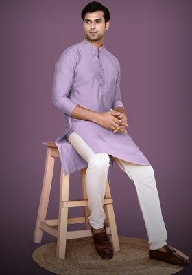 Lilac Purple Embroidered Cotton Blend Kurta For Men