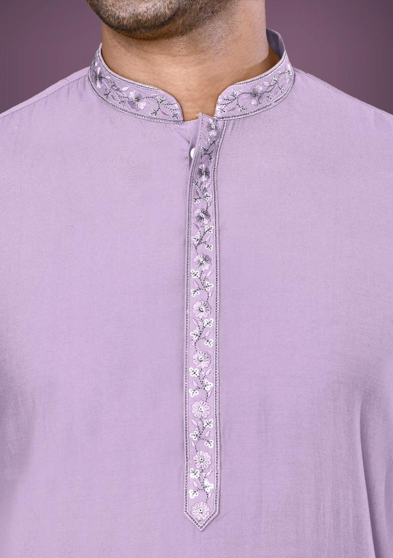 Lilac Purple Embroidered Cotton Blend Kurta For Men - Indya