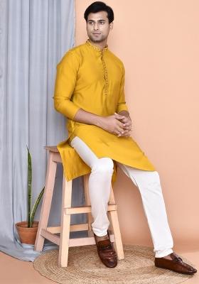 Yellow Embroidered Cotton Blend Kurta For Men