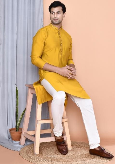 Yellow Embroidered Cotton Blend Kurta For Men