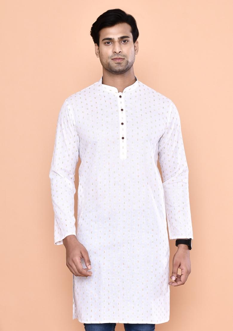 Gold Printed Cotton Blend Kurta For Men - Indya