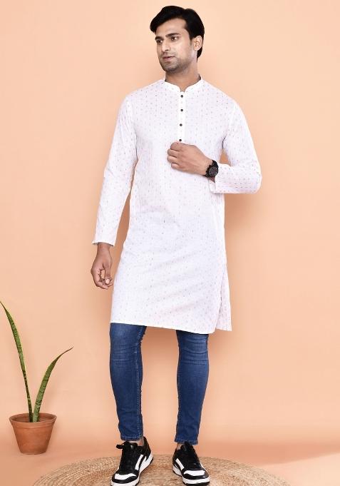Gold Printed Cotton Blend Kurta For Men