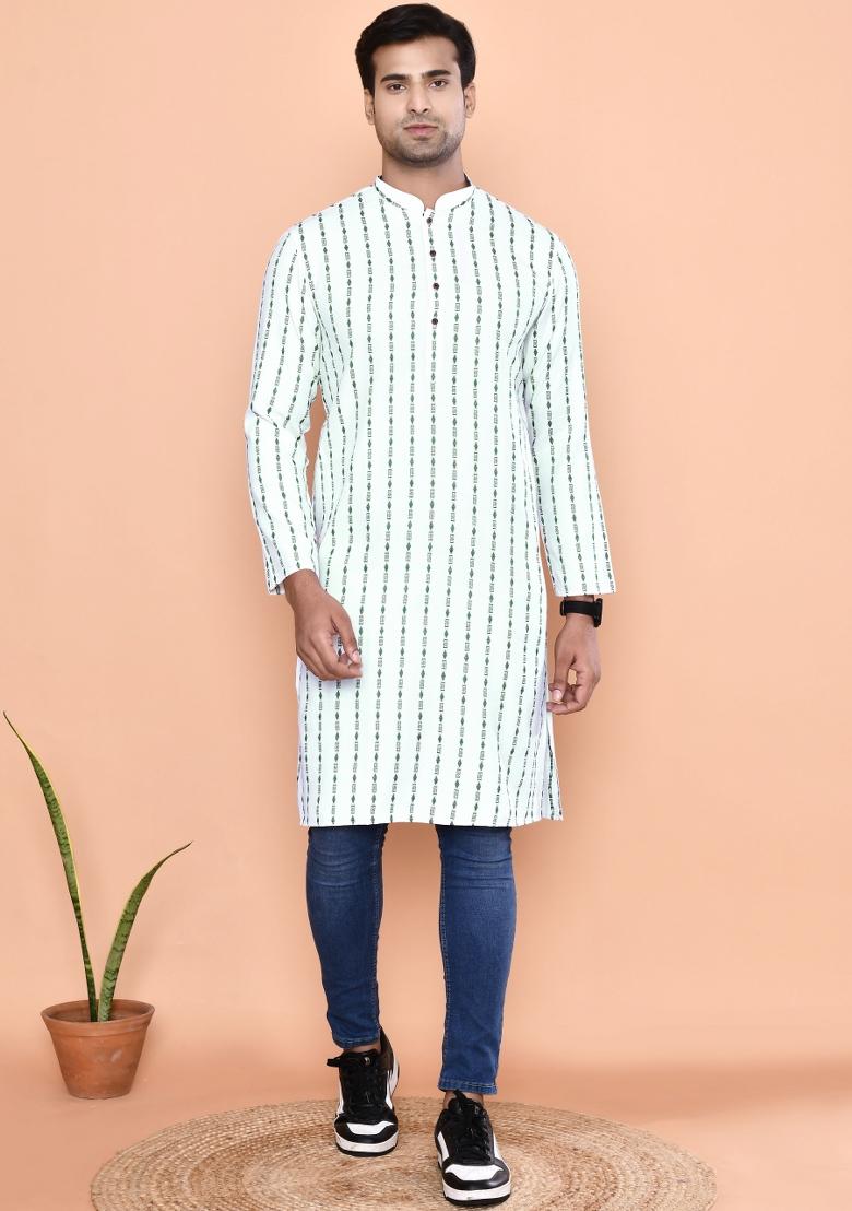 Green Printed Cotton Blend Kurta For Men