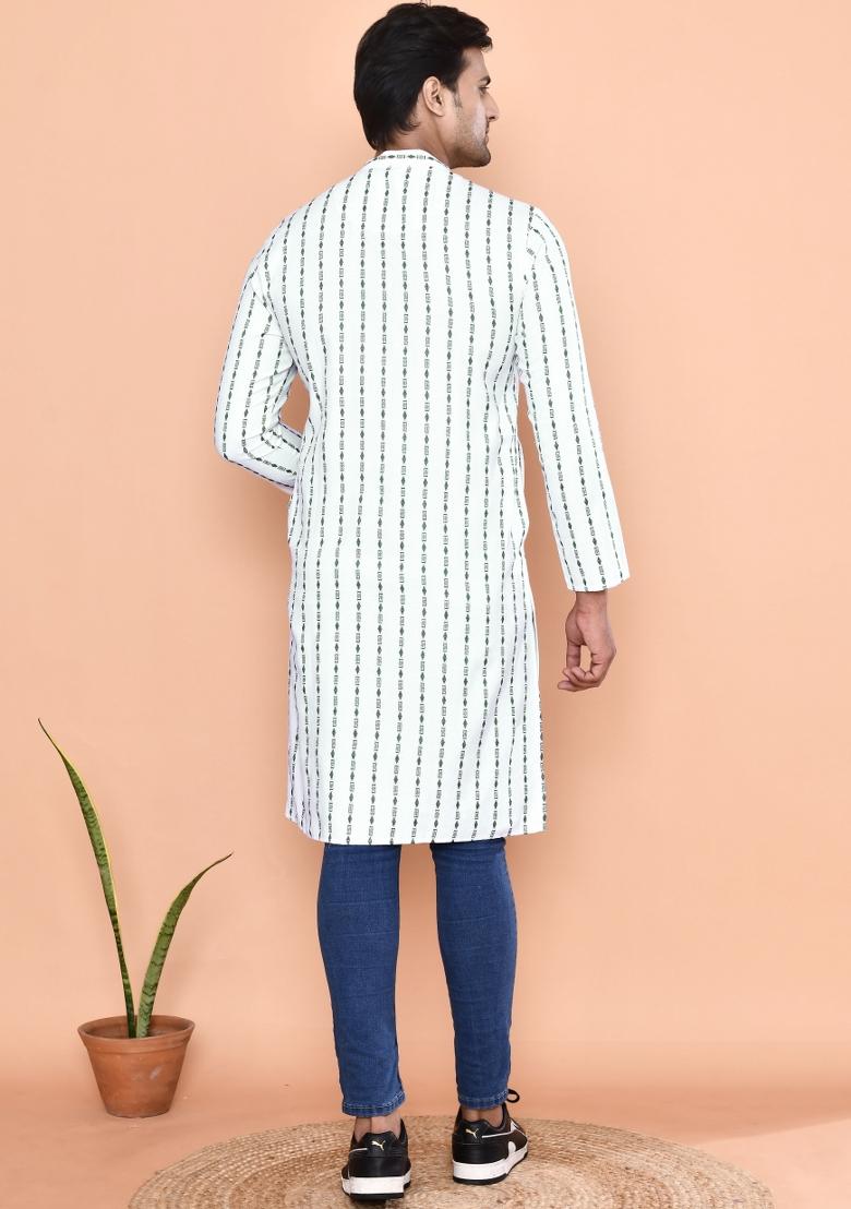 Green Printed Cotton Blend Kurta For Men