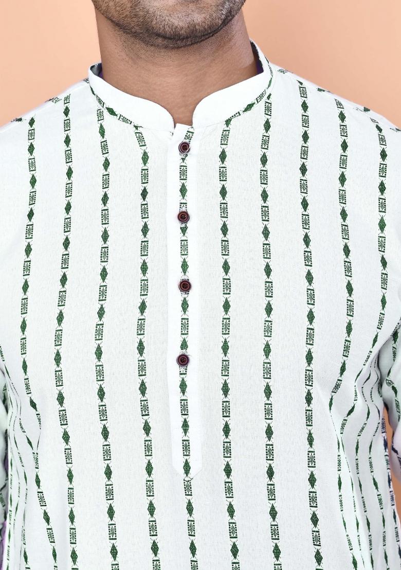 Green Printed Cotton Blend Kurta For Men