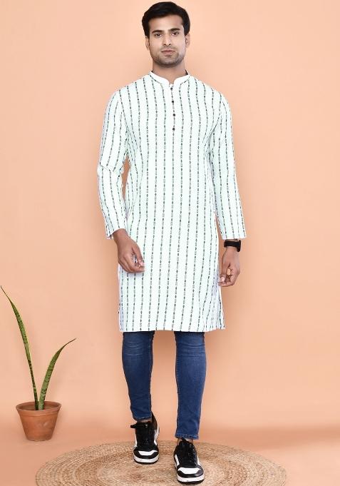 Green Printed Cotton Blend Kurta For Men