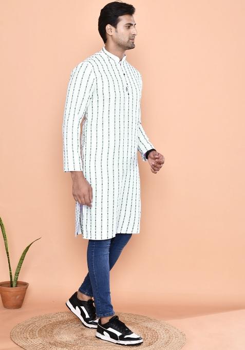 Green Printed Cotton Blend Kurta For Men