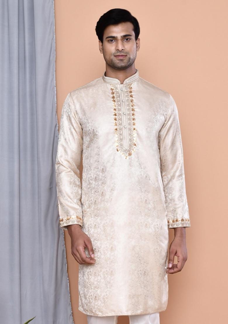 Gold Embroidered Cotton Blend Kurta For Men - Indya