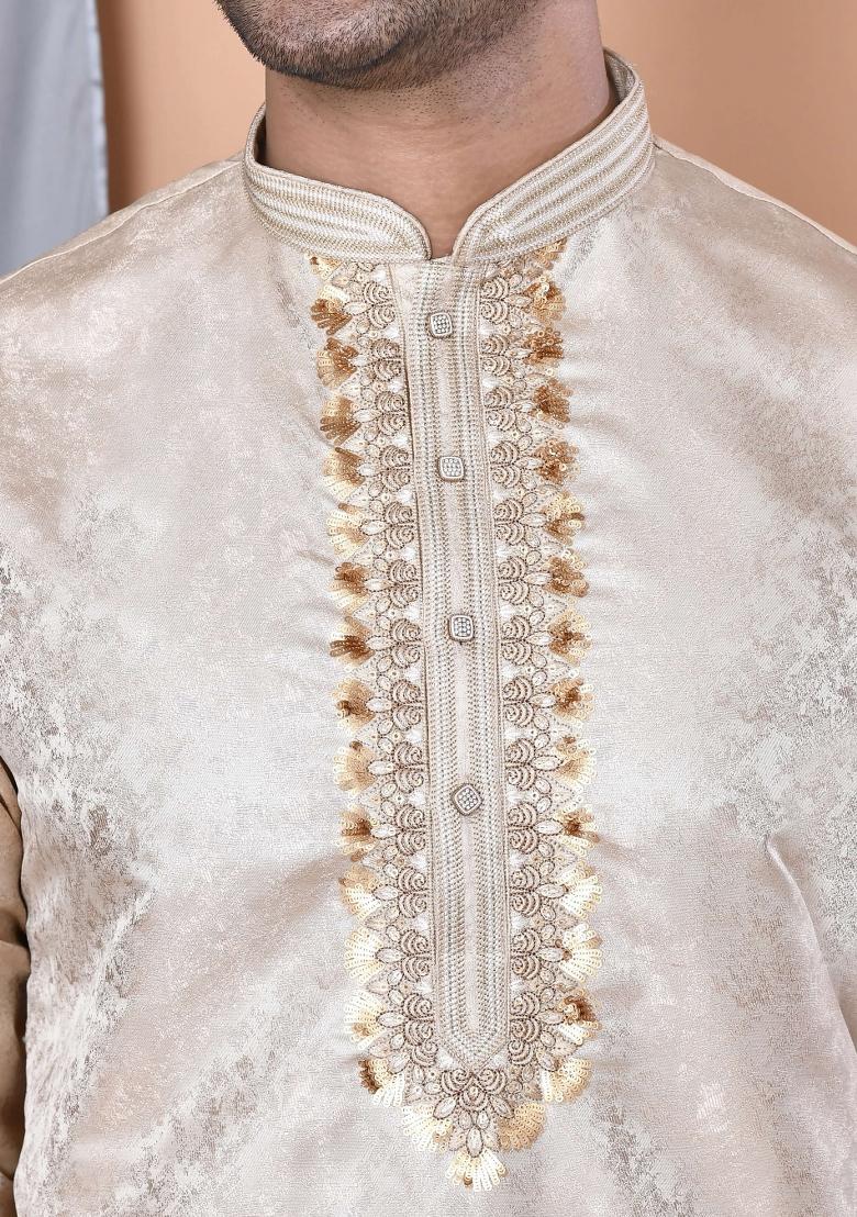 Gold Embroidered Cotton Blend Kurta For Men - Indya